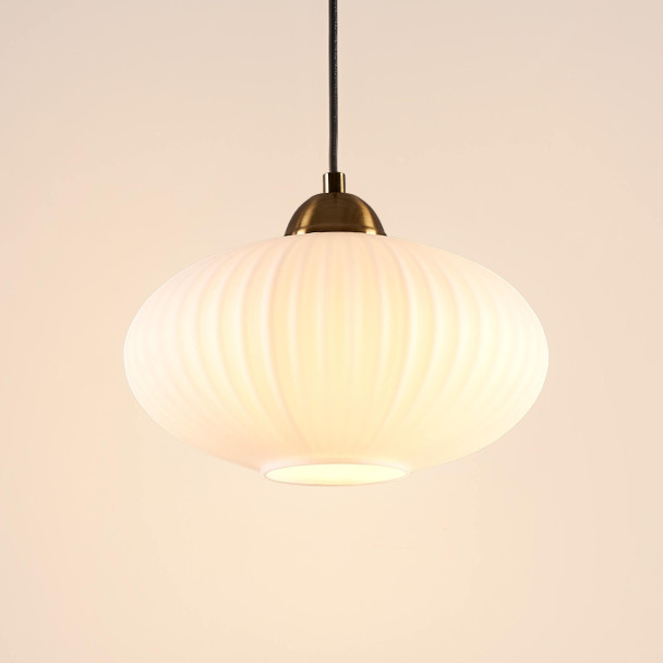 Suspension moderne dorée verre opal strié -...
