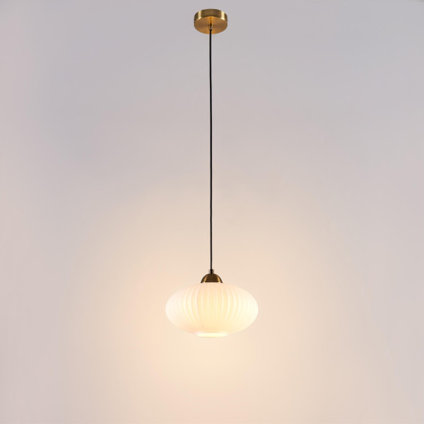 Suspension moderne dorée verre opal strié -...